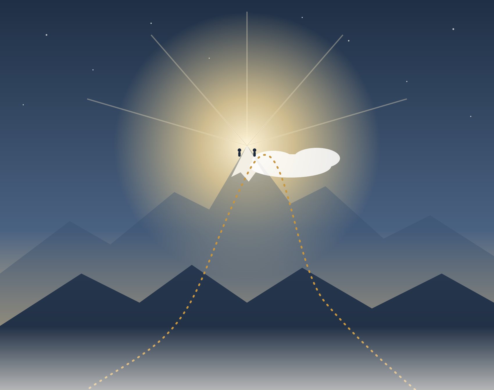 Two figures stand on a glowing mountain peak with a dotted path climbing up one side and down the other.
